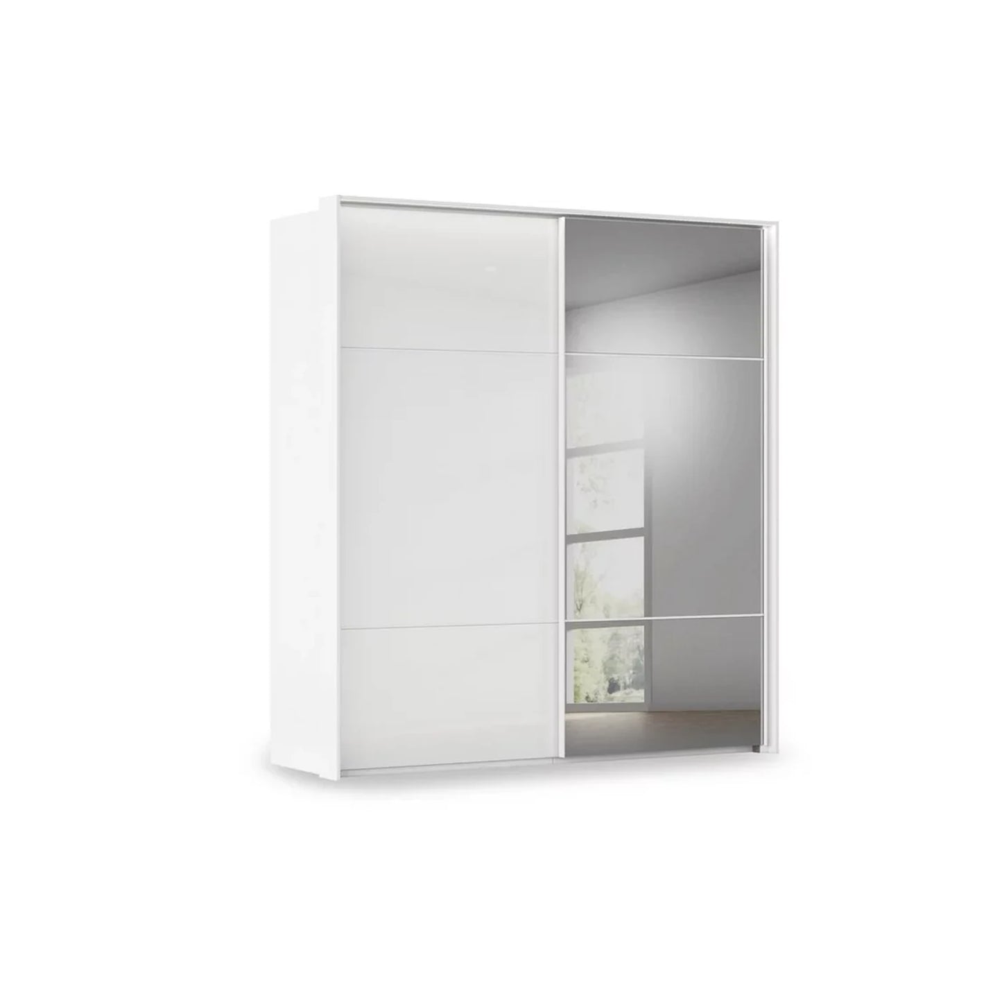 Rauch Heaven 2 Door Slider Wardrobe with 1 Glass Door, 1 Mirror Door and Lights in White