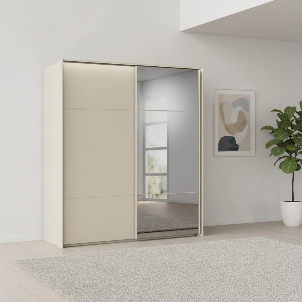 Rauch Heaven 200cm 2 Door Slider Wardrobe with 1 Glass Door, 1 Mirror Door and Lights in Champagne styled in a modern bedroom