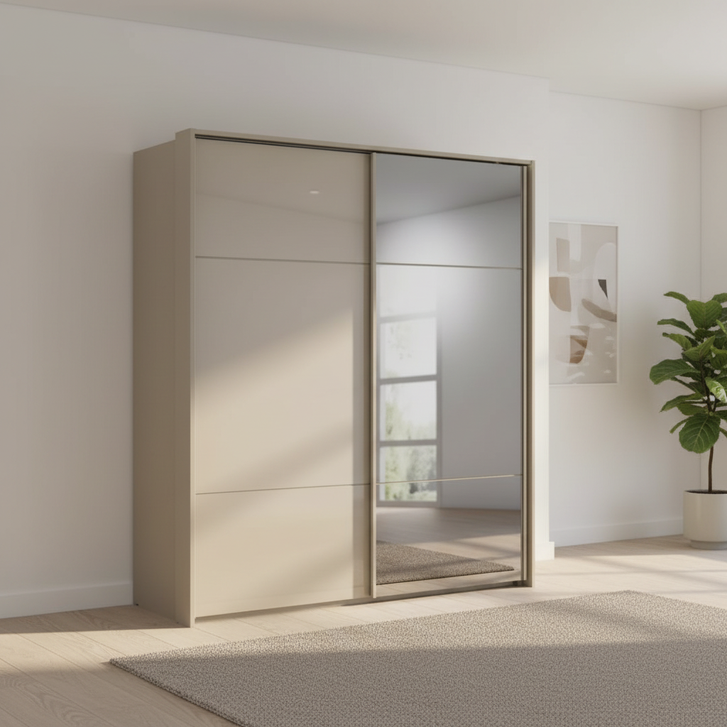 Rauch Heaven 200cm 2 Door Slider Wardrobe with 1 Glass Door, 1 Mirror Door and Lights in Fango styled in a modern bedroom