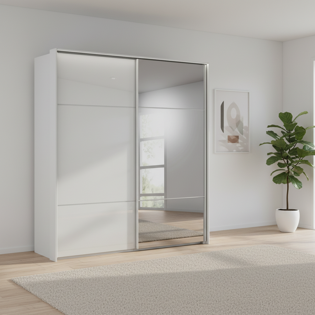 Rauch Heaven 200cm 2 Door Slider Wardrobe with 1 Glass Door, 1 Mirror Door and Lights in Silk Grey styled in a modern bedroom