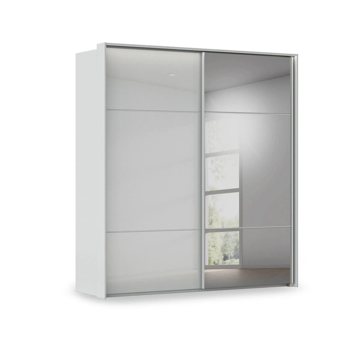 Rauch Heaven 2 Door Slider Wardrobe with 1 Glass Door, 1 Mirror Door and Lights in Silk Grey