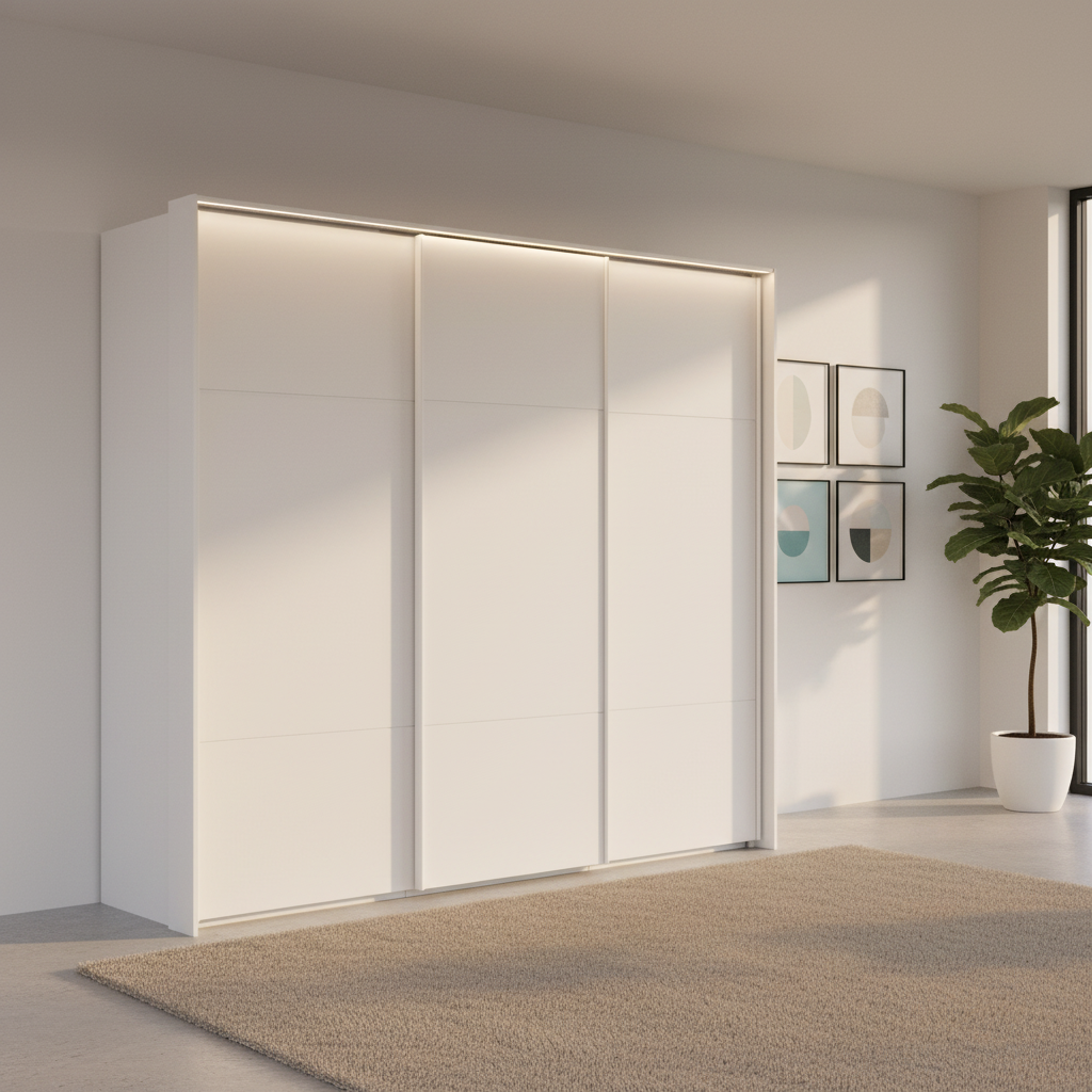 Rauch Heaven 240cm 3 Door Slider Wardrobe with Décor Doors and Lights in Alpine White styled in a modern bedroom