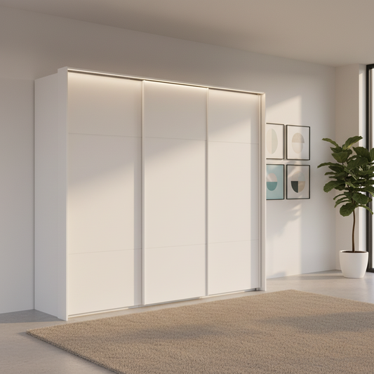 Rauch Heaven 240cm 3 Door Slider Wardrobe with Décor Doors and Lights in Alpine White styled in a modern bedroom