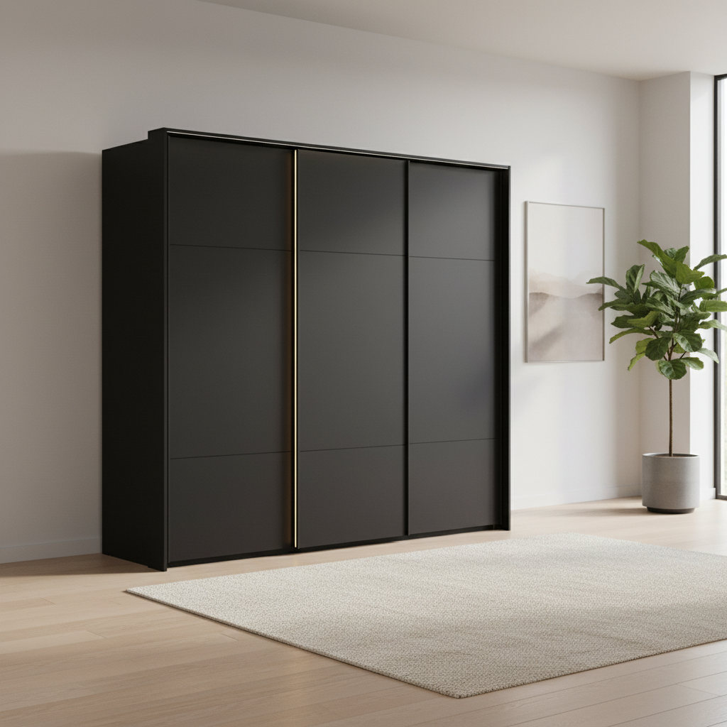 Rauch Heaven 240cm 3 Door Slider Wardrobe with Décor Doors and Lights in Black styled in a modern bedroom