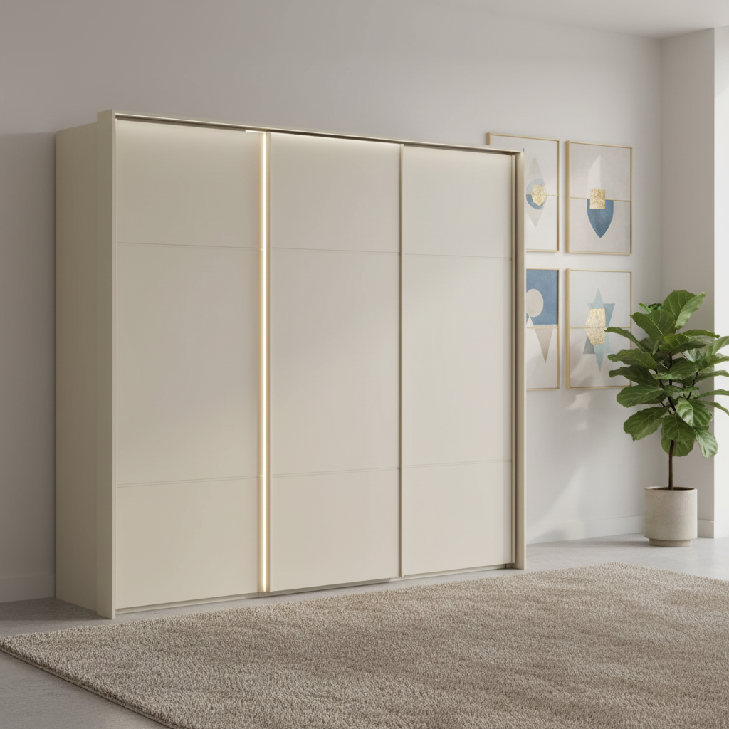 Rauch Heaven 240cm 3 Door Slider Wardrobe with Décor Doors and Lights in Champagne styled in a modern bedroom