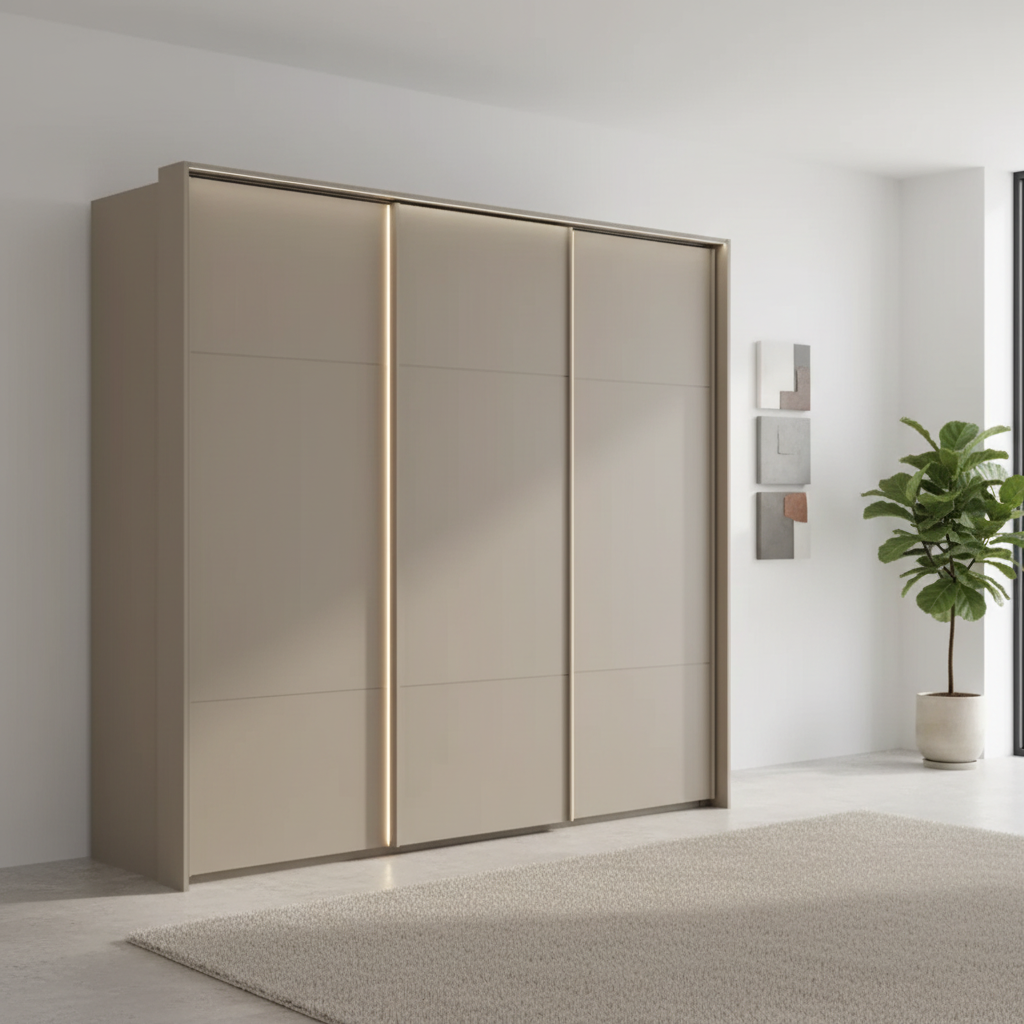 Rauch Heaven 240cm 3 Door Slider Wardrobe with Décor Doors and Lights in Fango styled in a modern bedroom