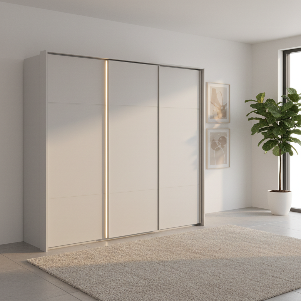 Rauch Heaven 240cm 3 Door Slider Wardrobe with Décor Doors and Lights in Silk Grey styled in a modern bedroom