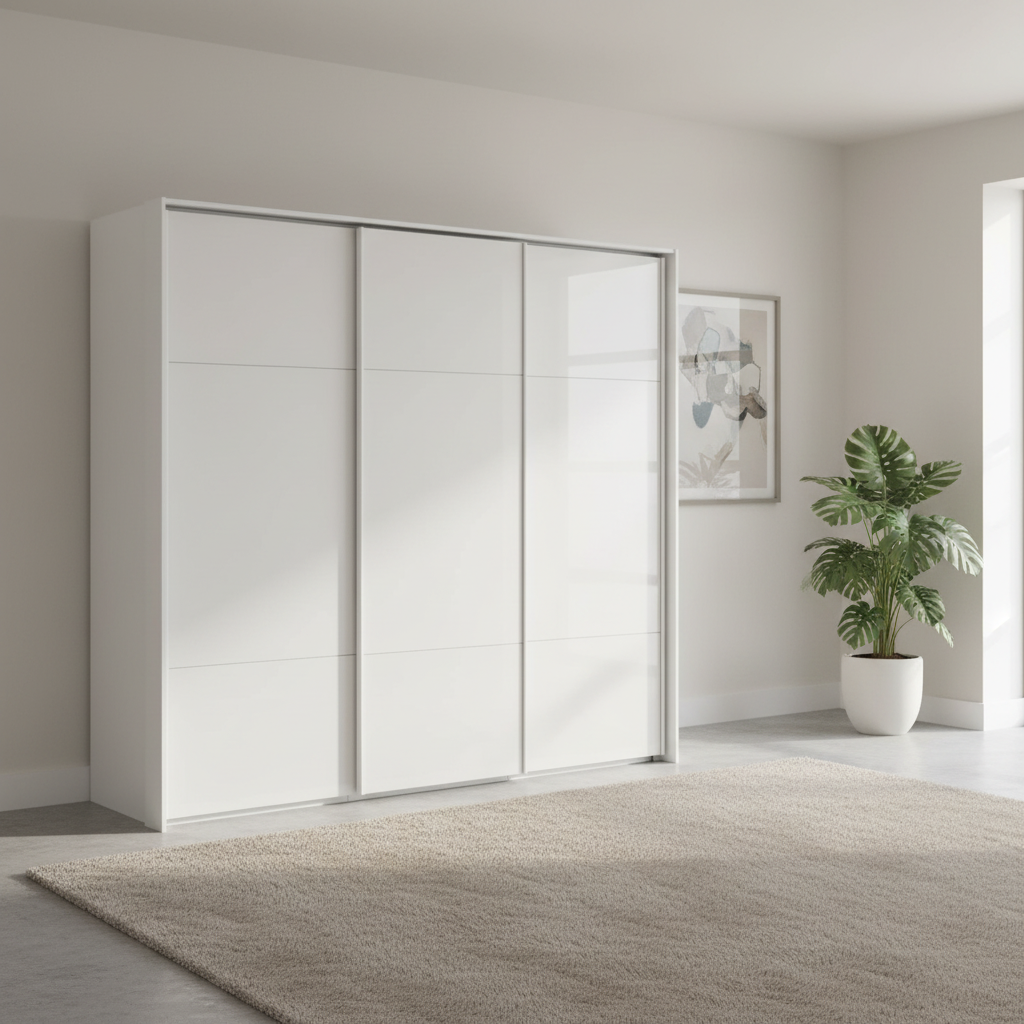 Rauch Heaven 240cm 3 Door Slider Wardrobe with Glass Doors in Alpine White styled in a modern bedroom