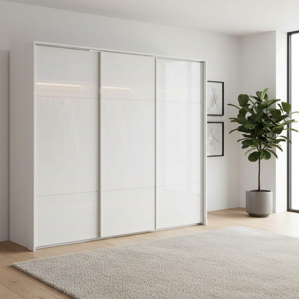 Rauch Heaven 240cm 3 Door Slider Wardrobe with Glass Doors and Lights in Alpine White styled in a modern bedroom