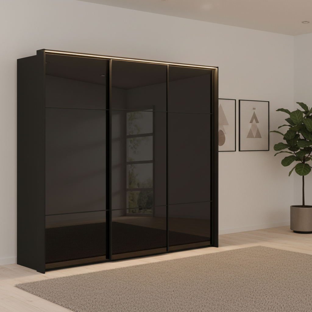 Rauch Heaven 240cm 3 Door Slider Wardrobe with Glass Doors and Lights in Black styled in a modern bedroom