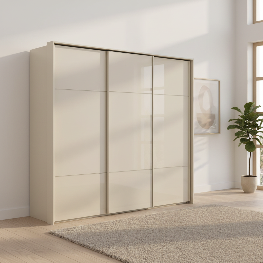 Rauch Heaven 240cm 3 Door Slider Wardrobe with Glass Doors and Lights in Champagne styled in a modern bedroom