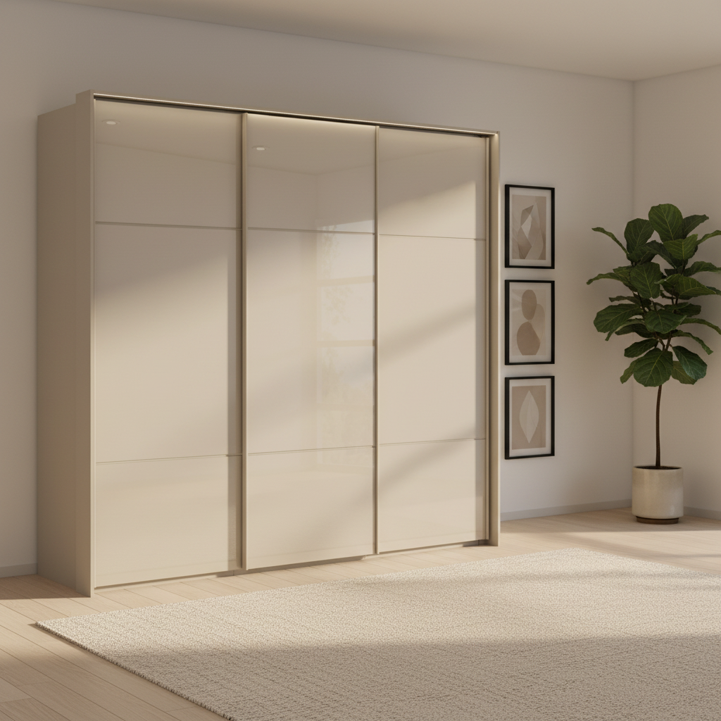 Rauch Heaven 240cm 3 Door Slider Wardrobe with Glass Doors and Lights in fango styled in a modern bedroom