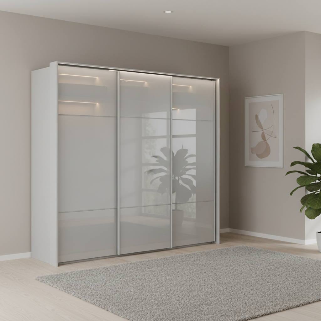 Rauch Heaven 240cm 3 Door Slider Wardrobe with Glass Doors and Lights in Silk Grey styled in a modern bedroom