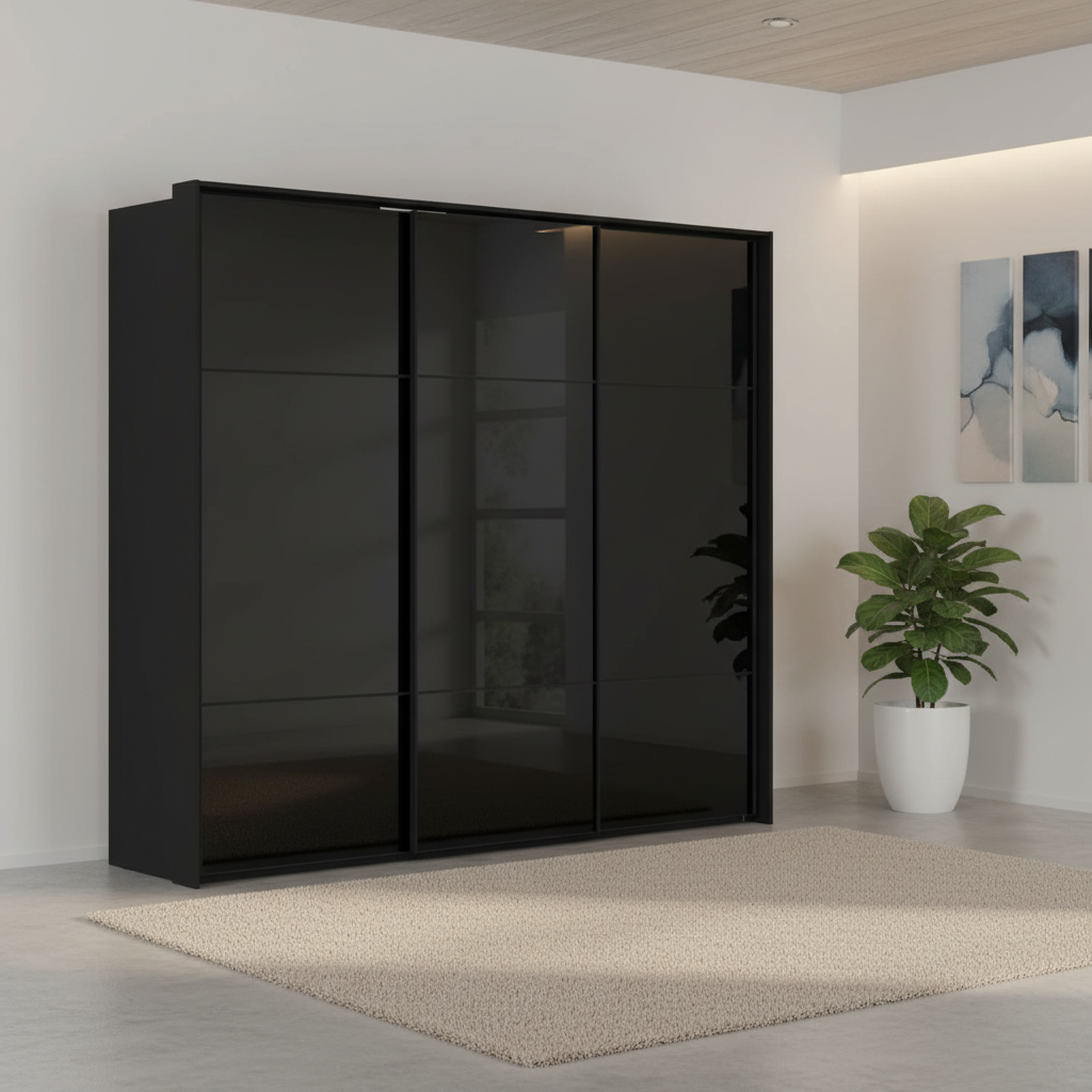 Rauch Heaven 240cm 3 Door Slider Wardrobe with Glass Doors in Black styled in a modern bedroom