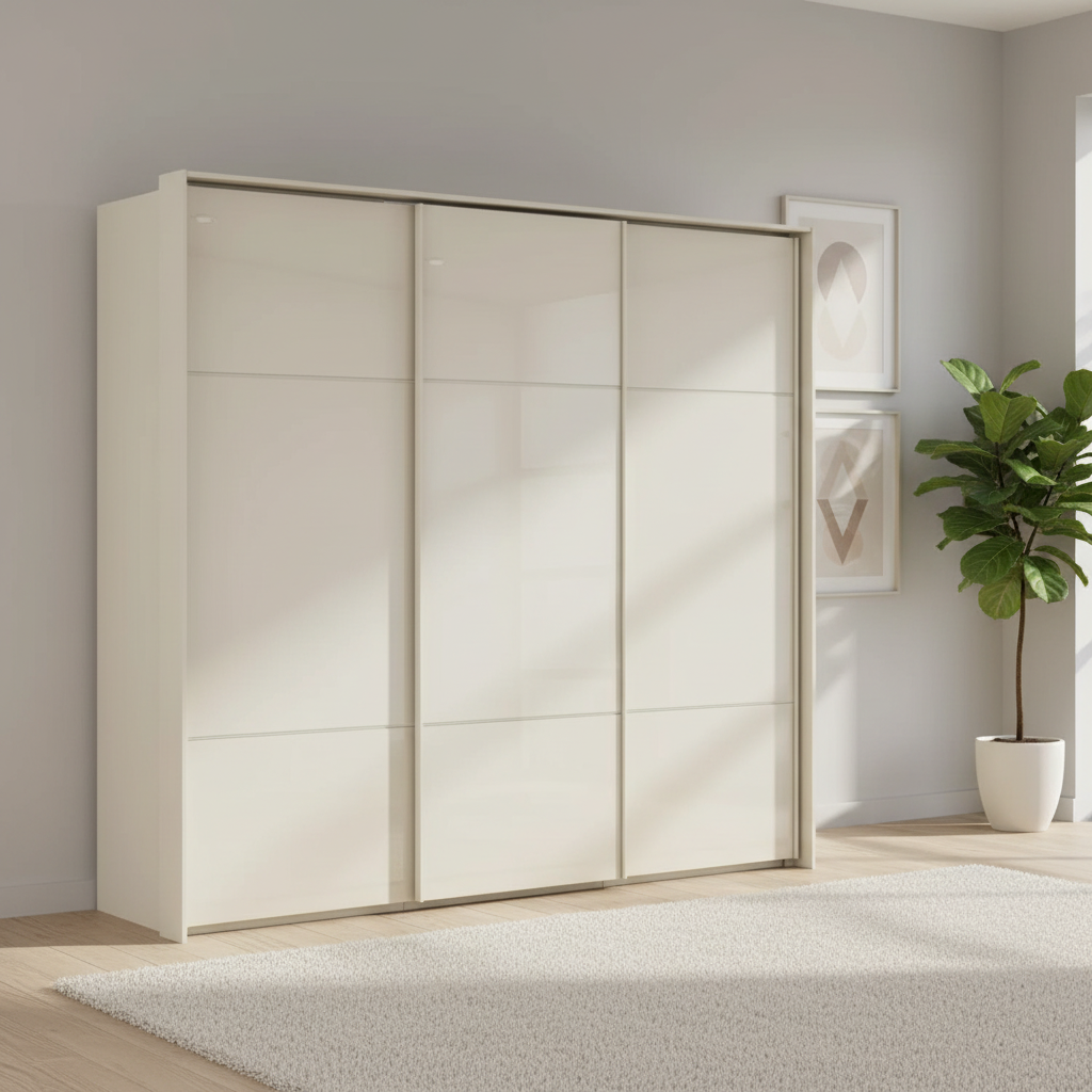 Rauch Heaven 240cm 3 Door Slider Wardrobe with Glass Doors in Champagne styled in a modern bedroom