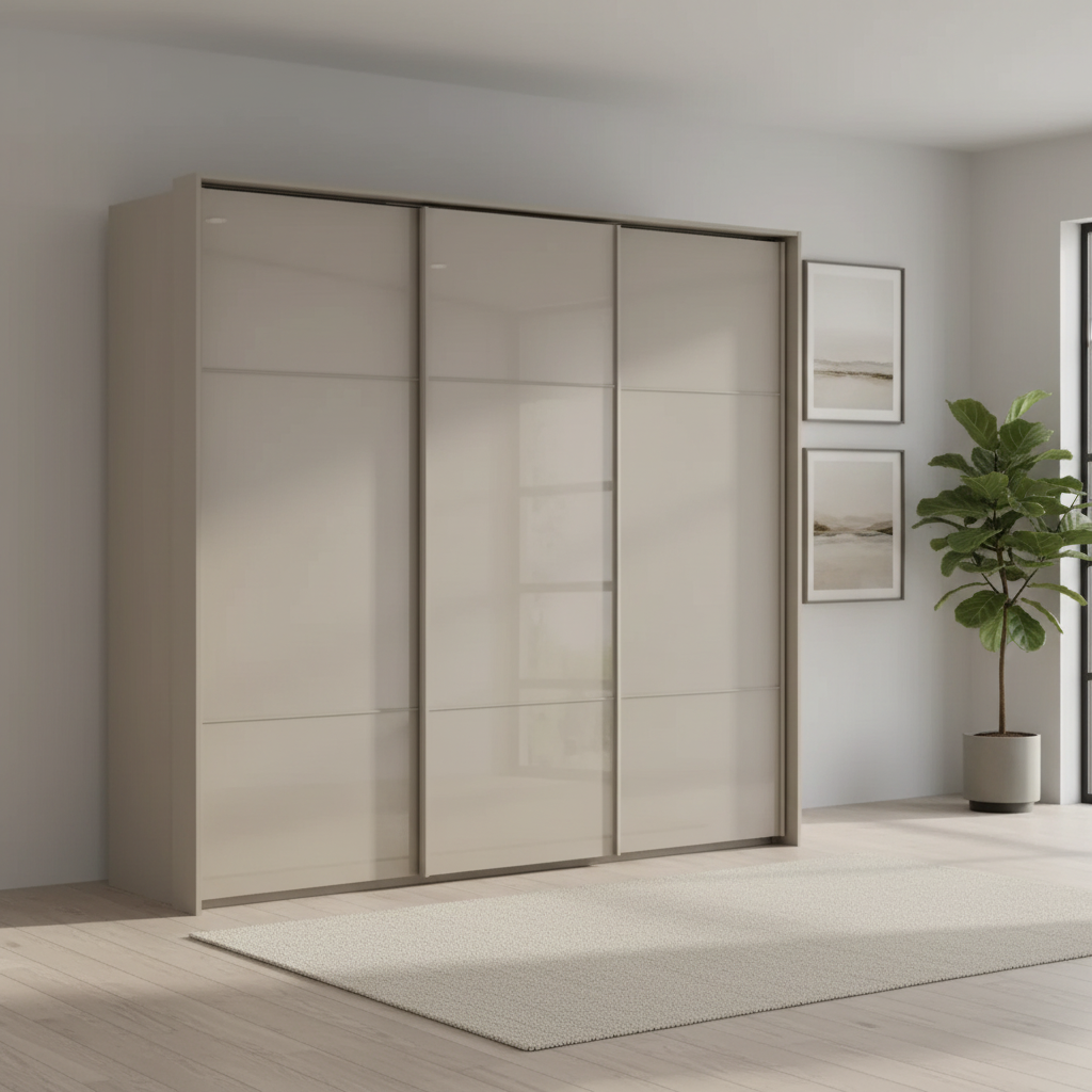 Rauch Heaven 240cm 3 Door Slider Wardrobe with Glass Doors in Fango styled in a modern bedroom