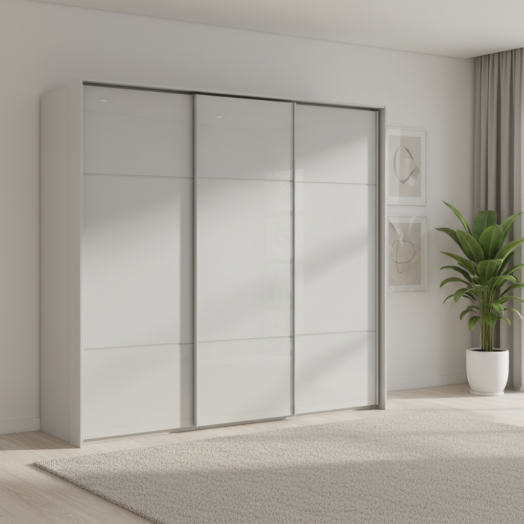 Rauch Heaven 240cm 3 Door Slider Wardrobe with Glass Doors in Silk Grey styled in a modern bedroom
