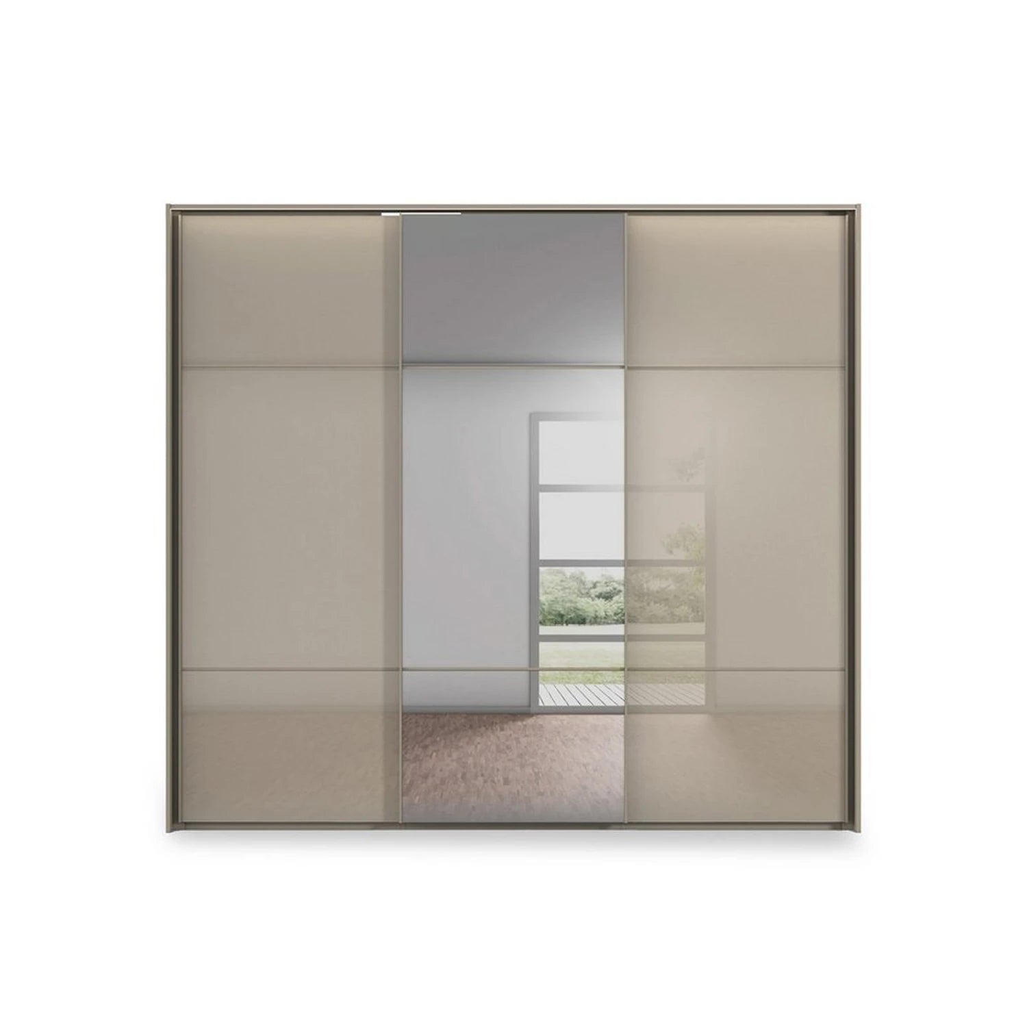 Rauch Haven 3 Door Slider Wardrobe with 2 Glass Doors, 1 Mirror Door & Lights - Front view