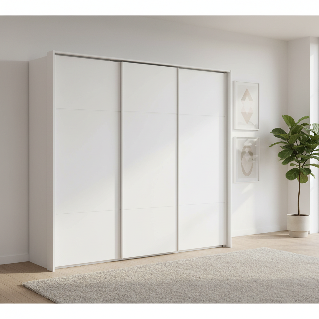 Rauch Heaven 240cm 3 Door Slider Wardrobe with Décor Doors in Alpine White styled in a modern bedroom