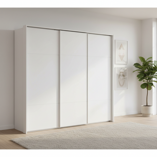 Rauch Heaven 240cm 3 Door Slider Wardrobe with Décor Doors in Alpine White styled in a modern bedroom