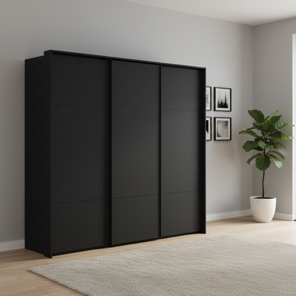 Rauch Heaven 240cm 3 Door Slider Wardrobe with Décor Doors in Black styled in a modern bedroom