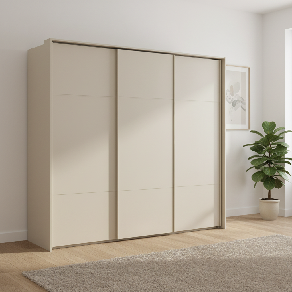 Rauch Heaven 240cm 3 Door Slider Wardrobe with Décor Doors in Champagne styled in a modern bedroom