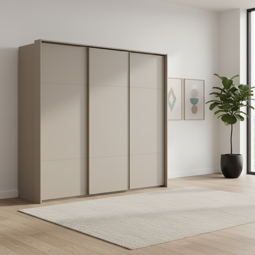 Rauch Heaven 240cm 3 Door Slider Wardrobe with Décor Doors in Fango styled in a modern bedroom