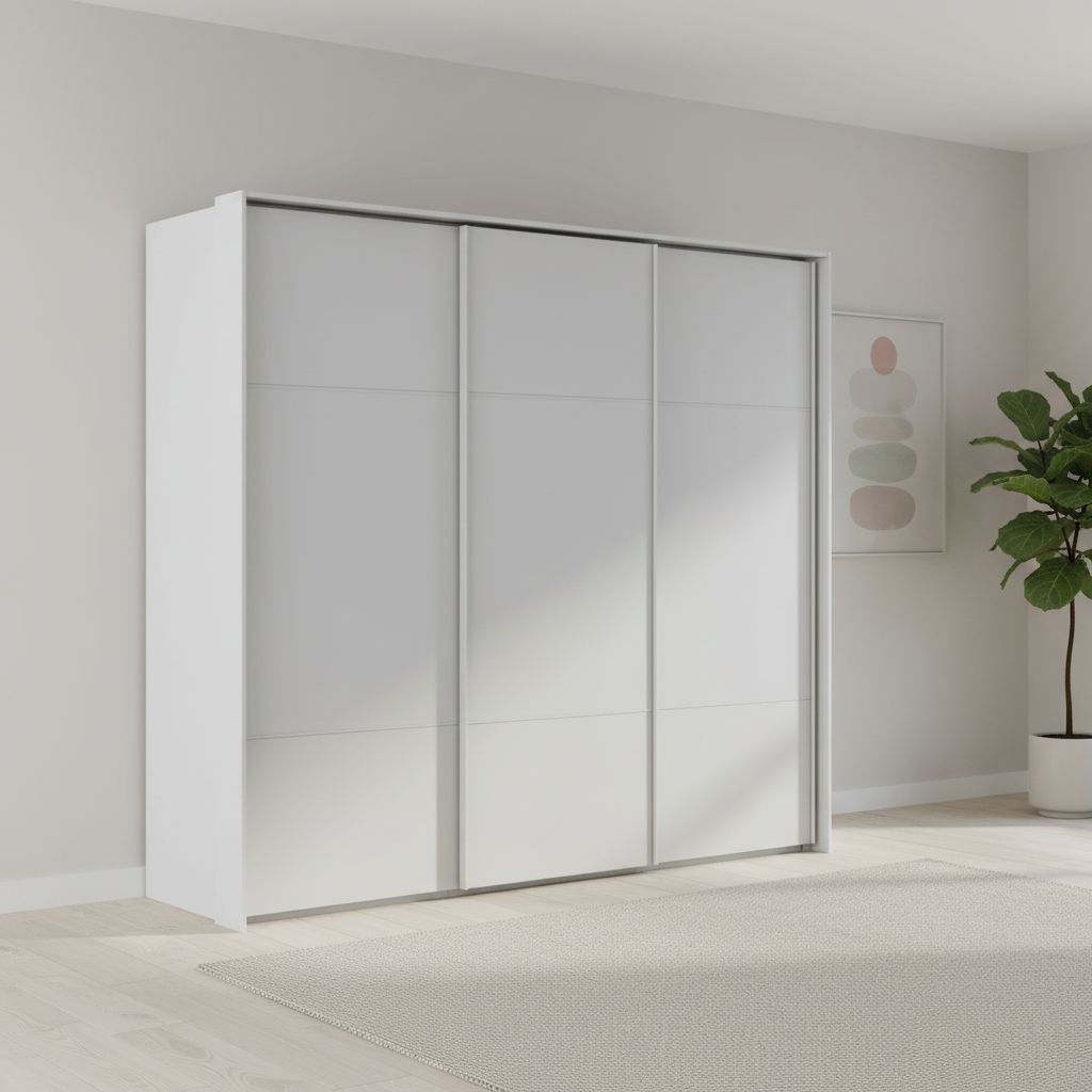 Rauch Heaven 240cm 3 Door Slider Wardrobe with Décor Doors in Silk Grey styed in a modern bedroom