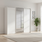 Rauch Heaven 240cm 3 Door Slider Wardrobe with 2 Glass Doors and 1 Mirror Door in Alpine White styled in a modern bedroom