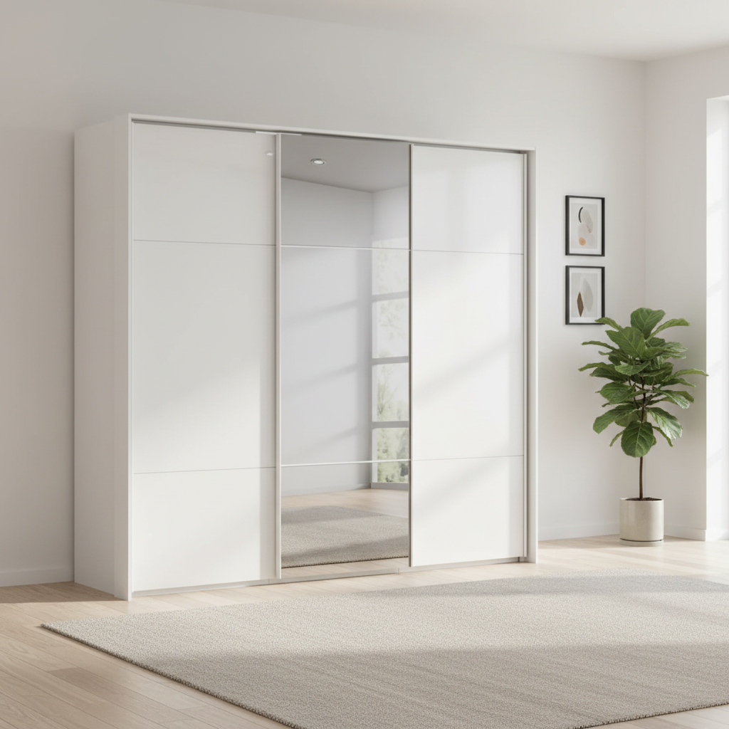 Rauch Heaven 240cm 3 Door Slider Wardrobe with 2 Glass Doors and 1 Mirror Door in Alpine White styled in a modern bedroom