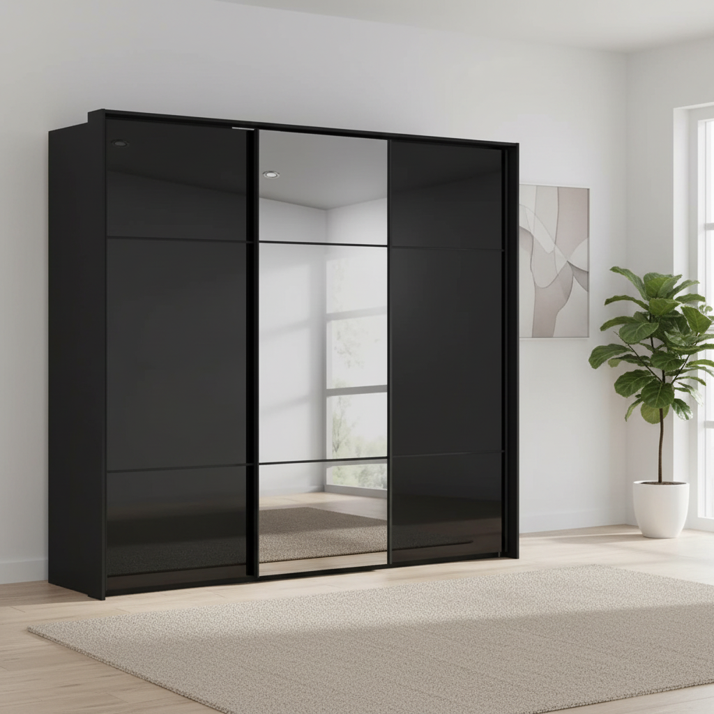 Rauch Heaven 240cm 3 Door Slider Wardrobe with 2 Glass Doors and 1 Mirror Door in Black styled in a modern bedroom