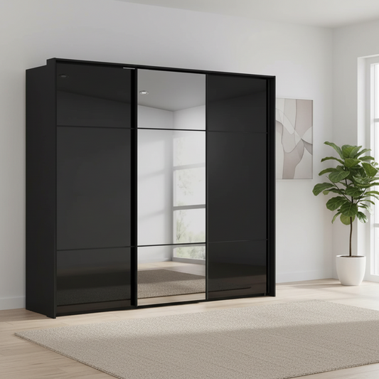 Rauch Heaven 240cm 3 Door Slider Wardrobe with 2 Glass Doors and 1 Mirror Door in Black styled in a modern bedroom