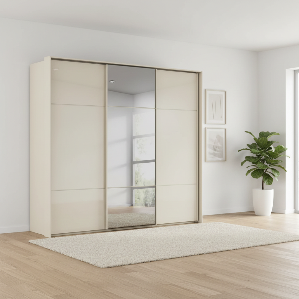 Rauch Heaven 240cm 3 Door Slider Wardrobe with 2 Glass Doors and 1 Mirror Door in Champagne styled in a modern bedroom