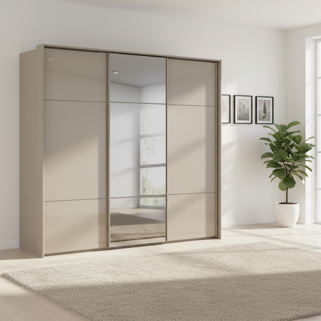 Rauch Heaven 240cm 3 Door Slider Wardrobe with 2 Glass Doors and 1 Mirror Door in Fango styled in a modern bedroom