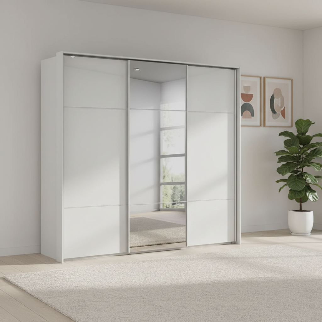 Rauch Heaven 240cm 3 Door Slider Wardrobe with 2 Glass Doors and 1 Mirror Door in Silk Grey styled in a modern bedroom