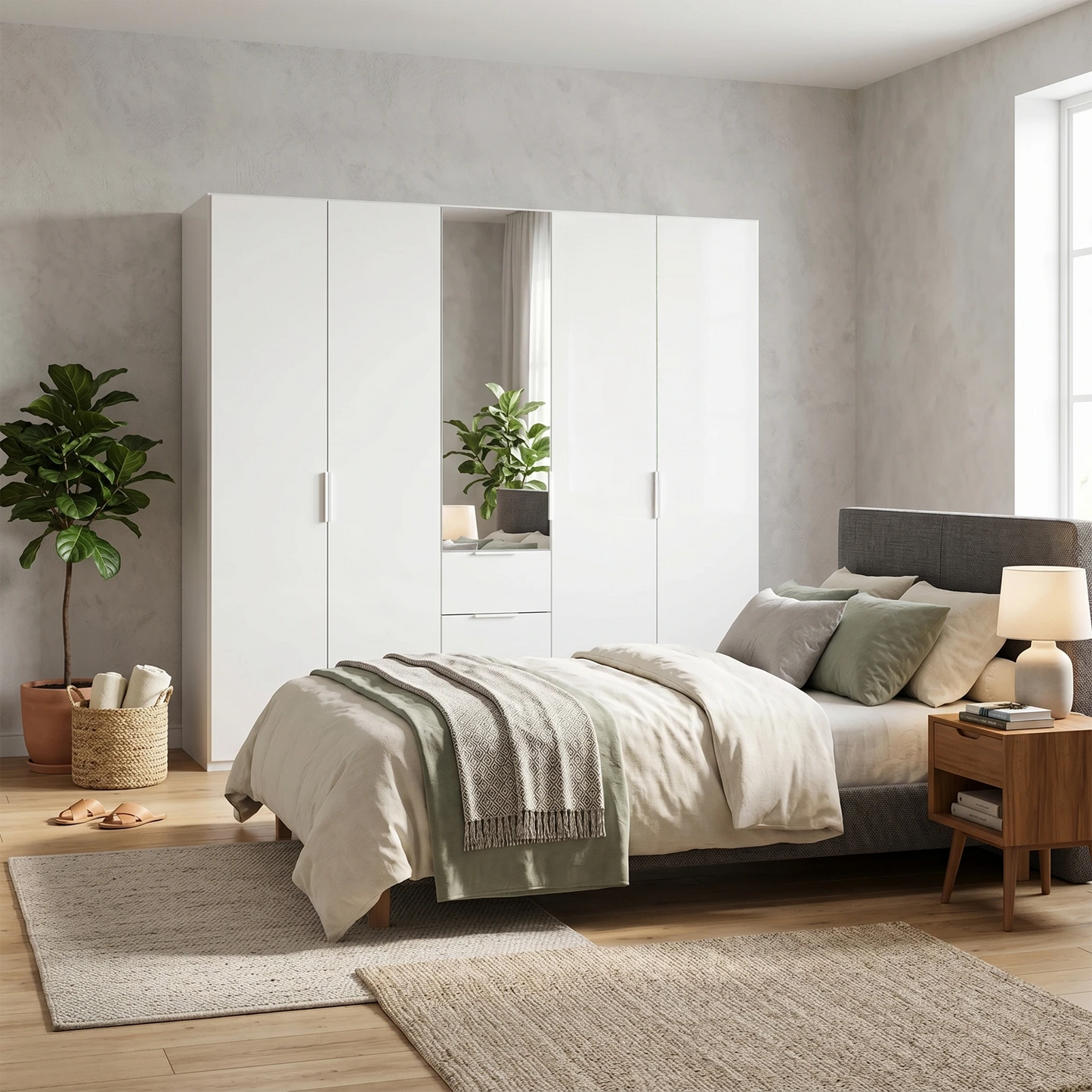 Rauch Haven 5 Door Combi Décor Wardrobe with 4 Décor Doors and 1 Mirror Door - Styled in a Bedroom