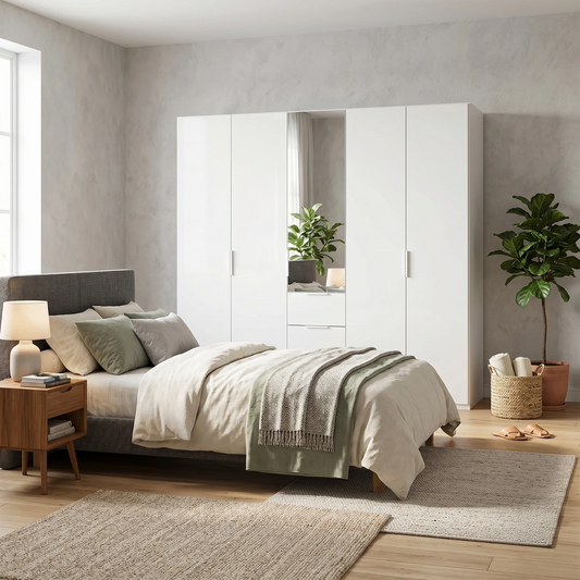 Rauch Haven 5 Door Combi Décor Wardrobe with 4 Décor Doors and 1 Mirror Door - Styled in a Bedroom