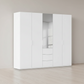 Rauch Heaven 250cm 5 Door Combi Décor Wardrobe with 4 Décor Doors and 1 Mirror Door in Alpine White styled in a modern bedroom