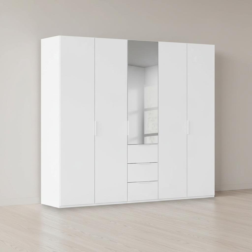 Rauch Heaven 250cm 5 Door Combi Décor Wardrobe with 4 Décor Doors and 1 Mirror Door in Alpine White styled in a modern bedroom