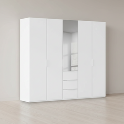 Rauch Heaven 250cm 5 Door Combi Décor Wardrobe with 4 Décor Doors and 1 Mirror Door in Alpine White styled in a modern bedroom