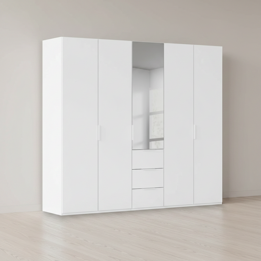 Rauch Heaven 250cm 5 Door Combi Décor Wardrobe with 4 Décor Doors and 1 Mirror Door in Alpine White styled in a modern bedroom