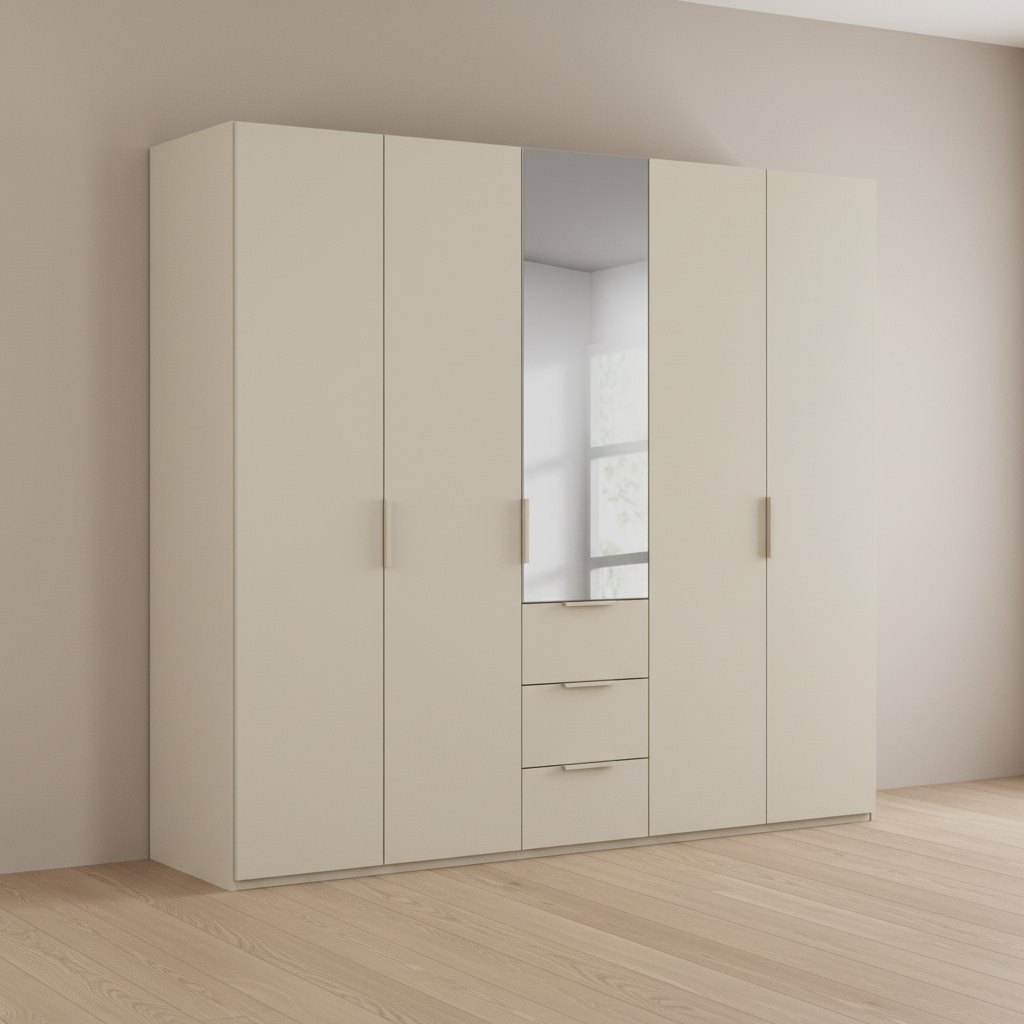 Rauch Heaven 250cm 5 Door Combi Décor Wardrobe with 4 Décor Doors and 1 Mirror Door in Champagne styled in a modern bedroom