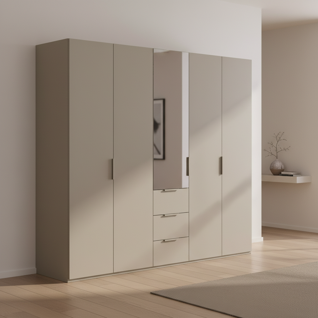 Rauch Heaven 250cm 5 Door Combi Décor Wardrobe with 4 Décor Doors and 1 Mirror Door in Fango styled in a modern bedroom