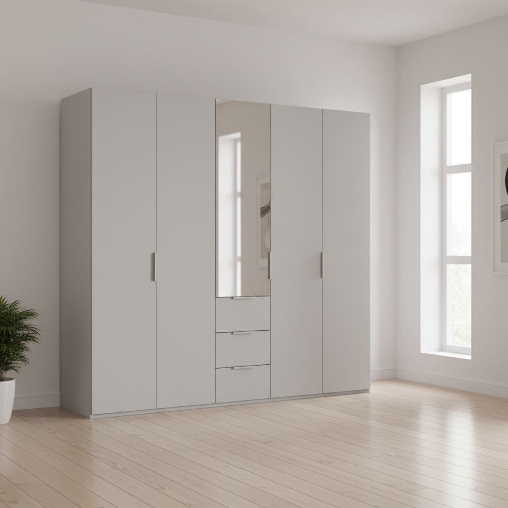 Rauch Heaven 250cm 5 Door Combi Décor Wardrobe with 4 Décor Doors and 1 Mirror Door in Silk Grey styled in a modern bedroom