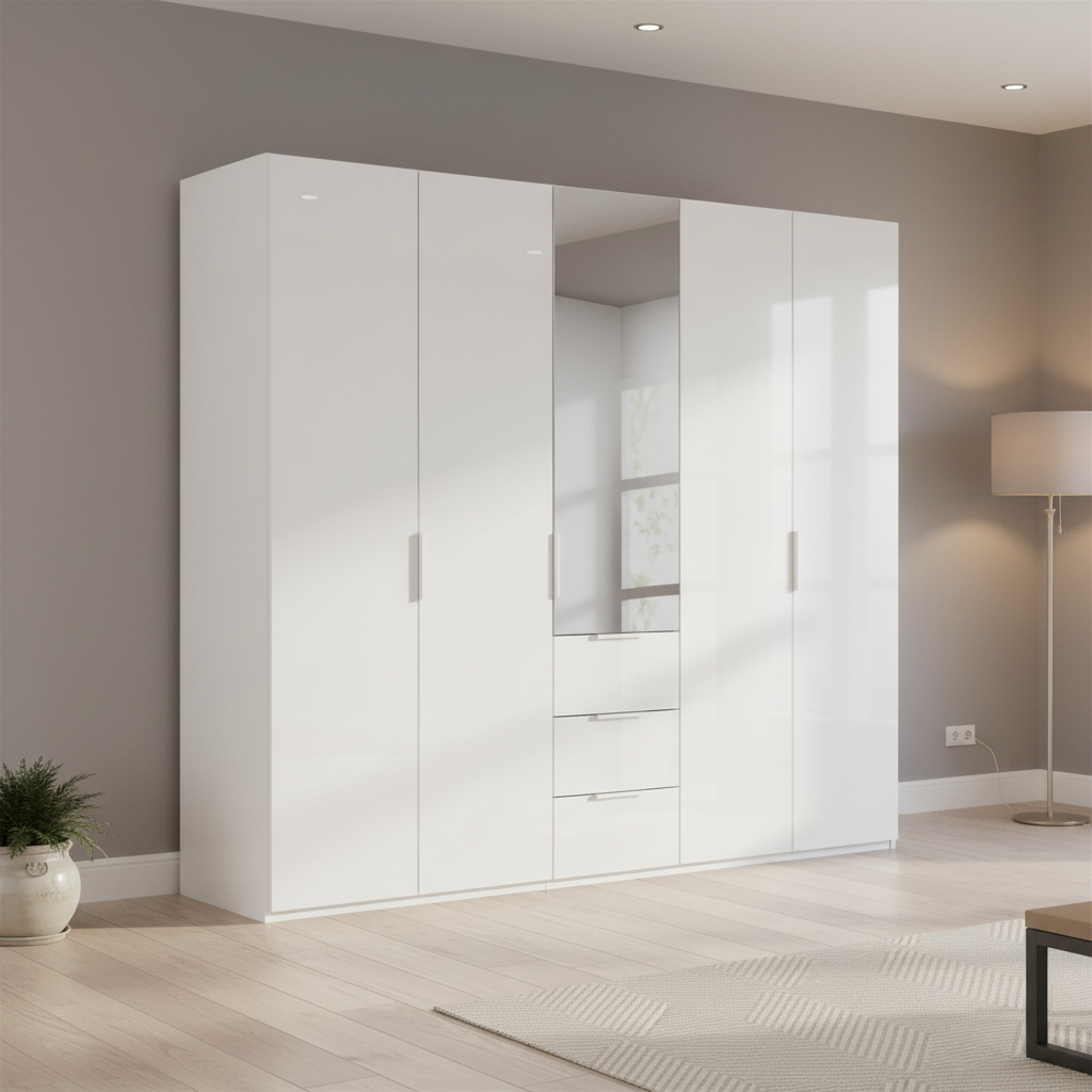 Rauch Heaven 250cm 5 Door Combi Wardrobe with 4 Glass Doors and 1 Mirror Door in Alpine White styled in a modern bedroom