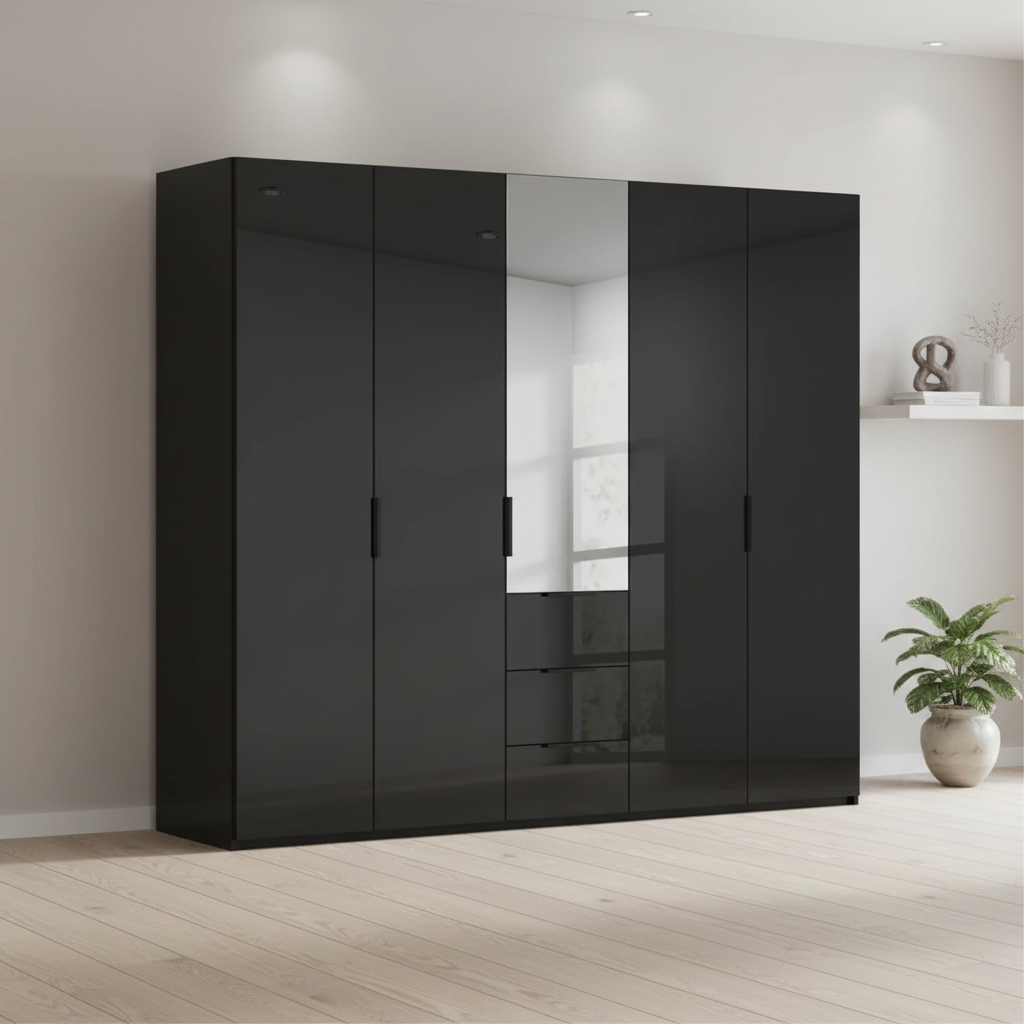 Rauch Heaven 250cm 5 Door Combi Wardrobe with 4 Glass Doors and 1 Mirror Door in Black styled in a modern bedroom