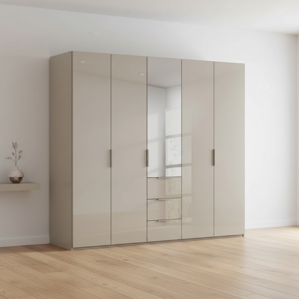 Rauch Heaven 250cm 5 Door Combi Wardrobe with 4 Glass Doors and 1 Mirror Door in Fango styled in a modern bedroom