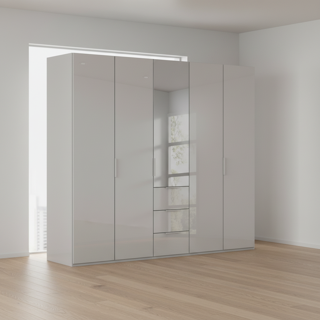 Rauch Heaven 250cm 5 Door Combi Wardrobe with 4 Glass Doors and 1 Mirror Door in Silk Grey styled in a modern bedroom