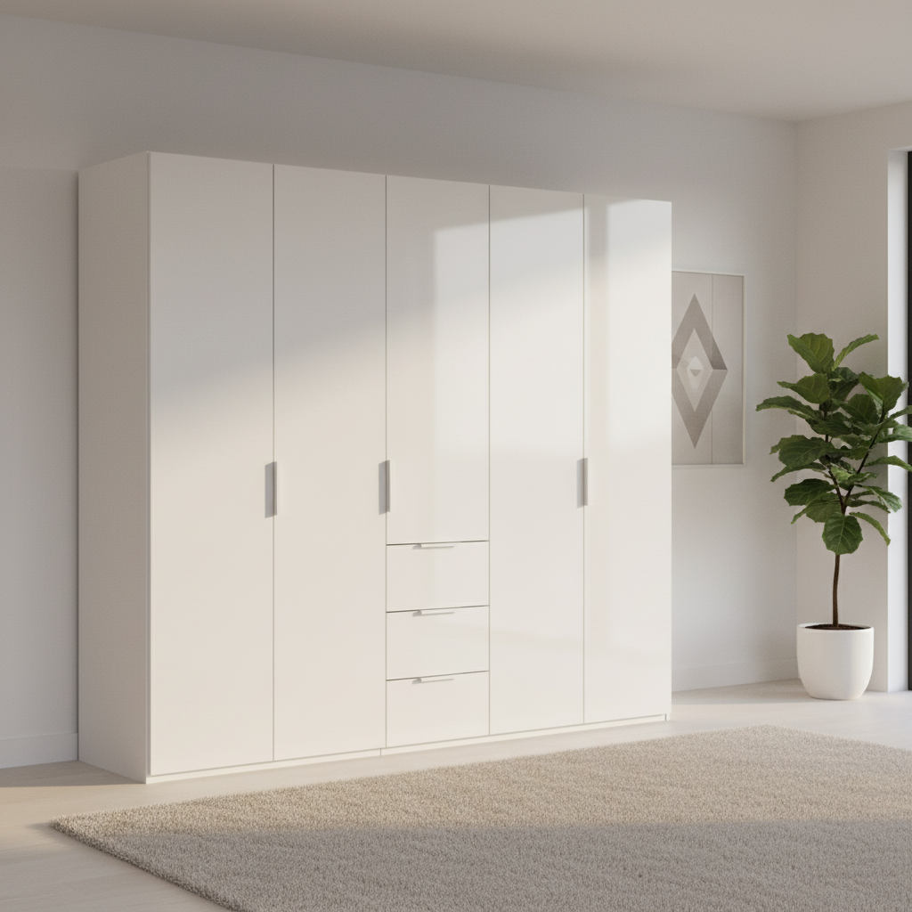 Rauch Heaven 250cm 5 Door Combi Wardrobe with Décor Doors in Alpine White styled in a modern bedroom
