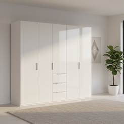 Rauch Heaven 250cm 5 Door Combi Wardrobe with Décor Doors in Alpine White styled in a modern bedroom